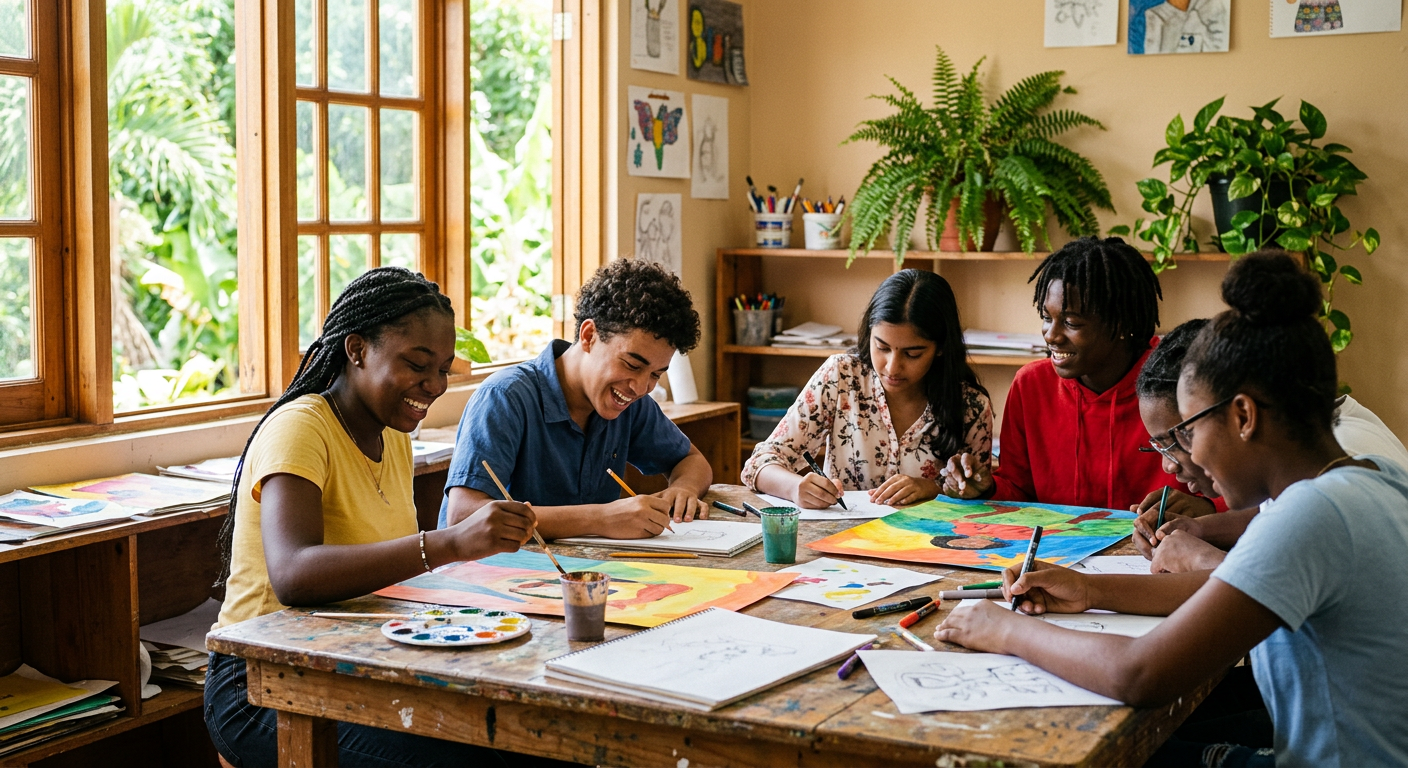 Young people painting and sketching together at a table in a bright classroom